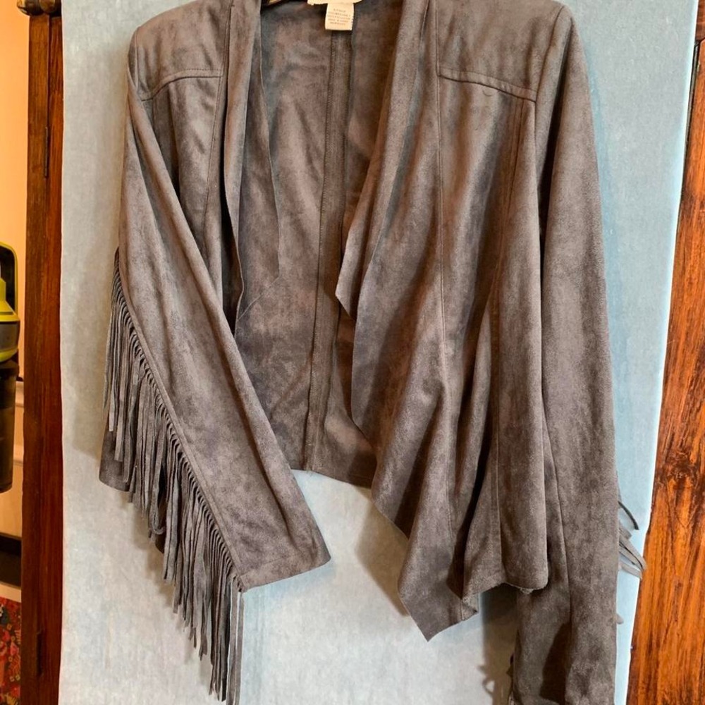 Sans‎ Souci Stylish Charcoal Fringed Faux Suede Jacket Size Small